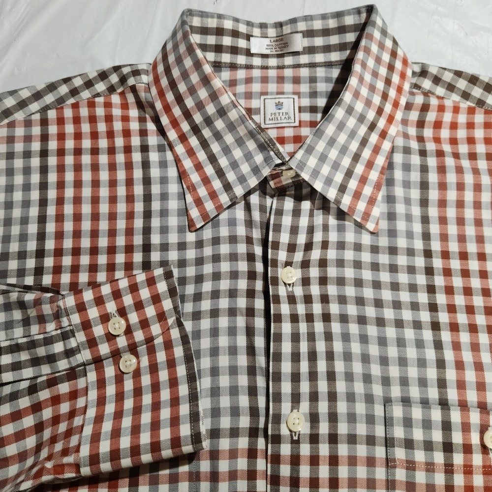Peter Millar Mens Long‎ Sleeve Button Shirt Size Large Brown Plaid Checkered